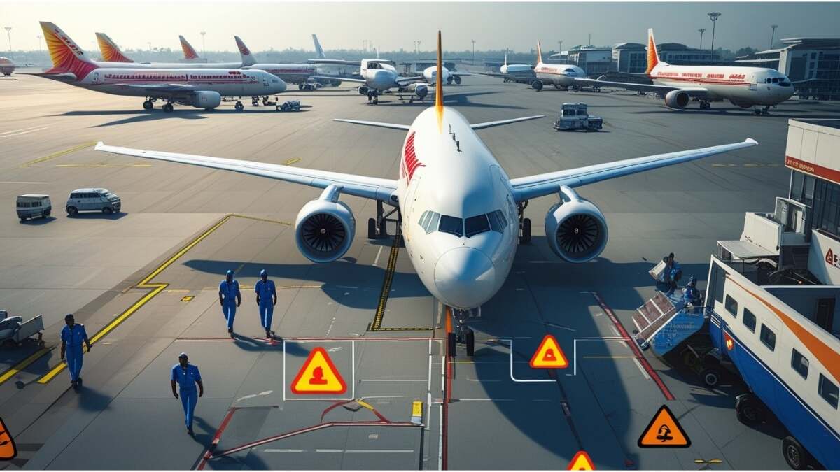 Busy Indian airport showing multiple commercial aircraft, including an Air India plane, with pilots walking on the tarmac; represents rapid aviation growth and safety concerns.