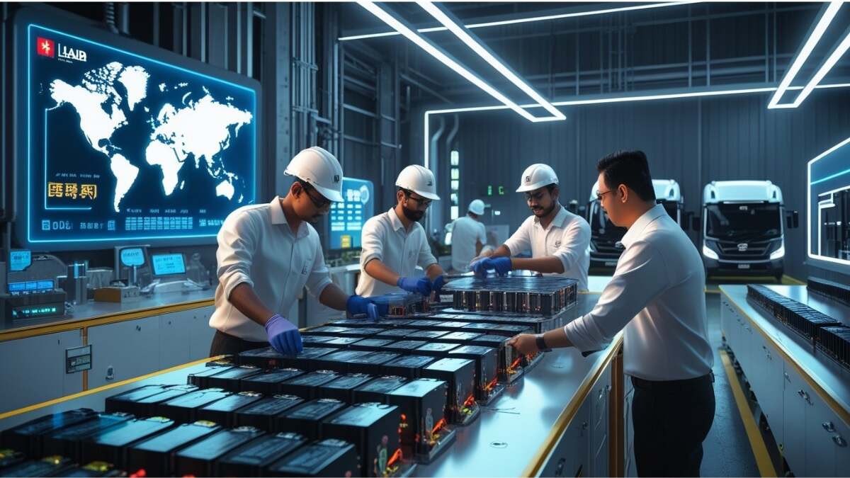 Engineers from India and China collaborating in a modern battery assembly plant, assembling lithium-ion packs for electric vehicles, with high-tech machinery and EV trucks in the background