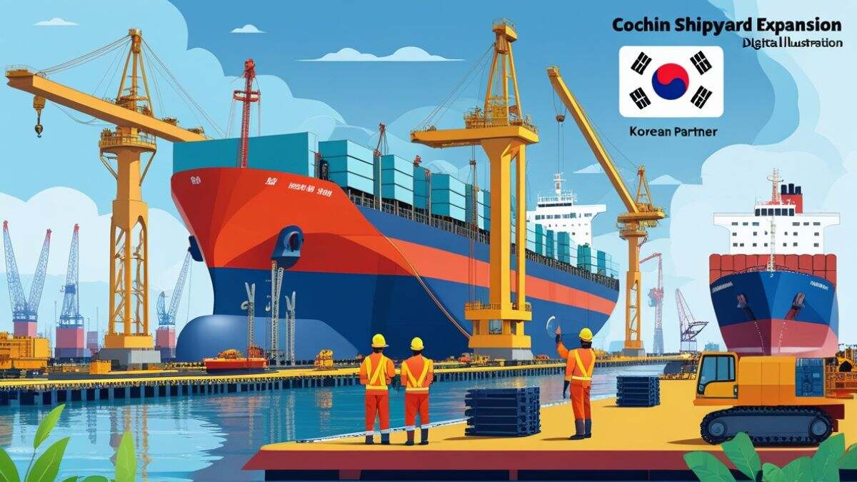 Illustration of Cochin Shipyard expansion in Tamil Nadu, showing dry docks, cranes, and large ships under construction, highlighting international collaboration with Korea and advanced shipbuilding facilities