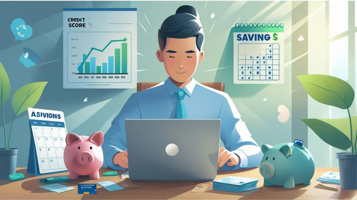 Person managing finances at a desk with laptop showing improving credit score, organized bills, a piggy bank for savings, and calendar reminders, symbolizing recovery from credit card delinquency