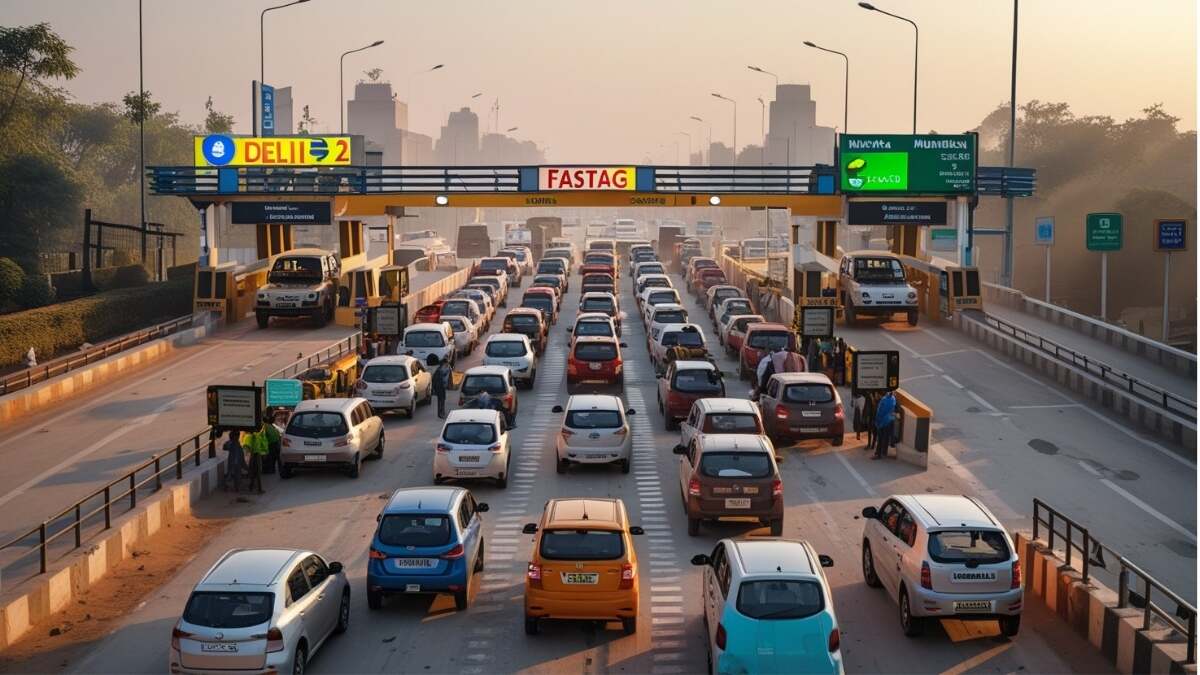 Delhi UER-2 toll plaza with commuters paying toll, vehicles waiting, and visible Fastag signage causing frustration among locals