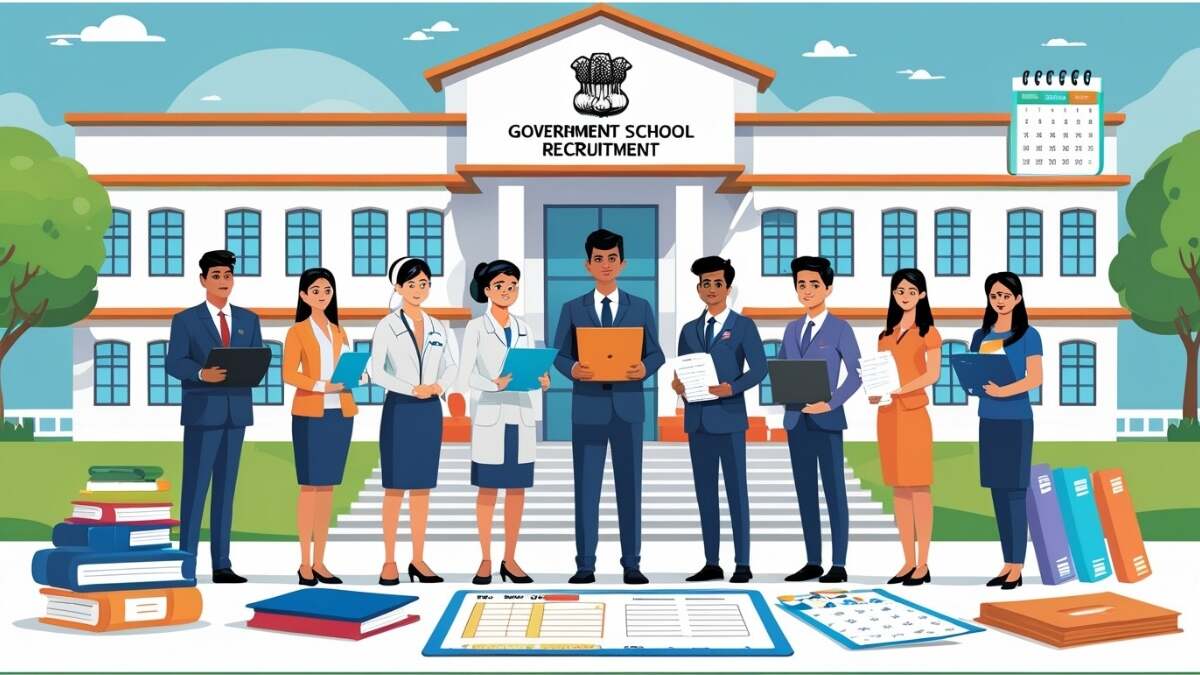 Illustration of EMRS Teaching and Non-Teaching Recruitment 2025 showing teachers, staff, and candidates in front of a modern Indian school building with educational symbols like books, laptops, and exam forms