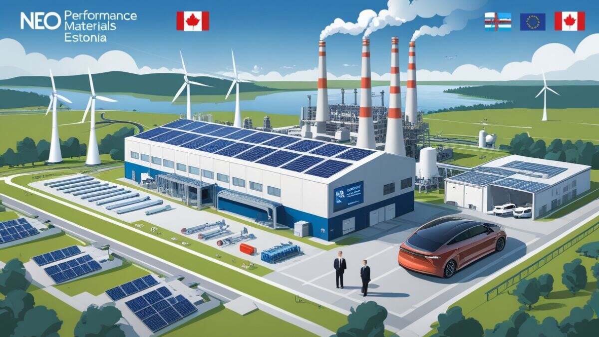Neo Performance Materials' $75 million magnet facility in Narva, Estonia, producing neodymium magnets for electric vehicles, with executives inspecting the plant and EV motors in the foreground, highlighting Europe's energy transition and supply chain security