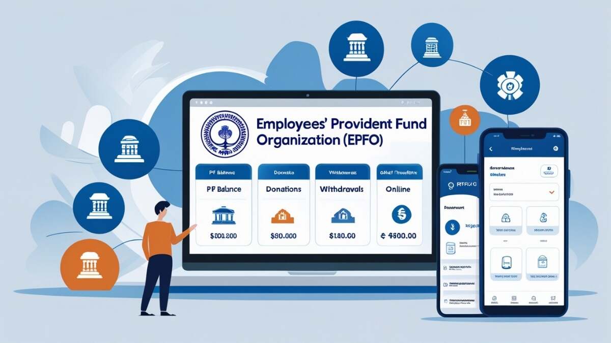 EPFO digital dashboard showing PF balance, donations, withdrawals, and online transfers with EPFO logo, emphasizing transparency and digital access