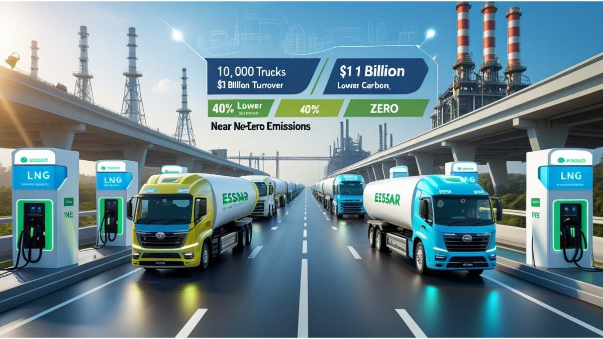 Fleet of LNG and electric trucks from Essar Green Mobility on a modern highway, supported by LNG fueling and electric charging stations, representing clean fuel logistics and India’s move toward net-zero emissions.