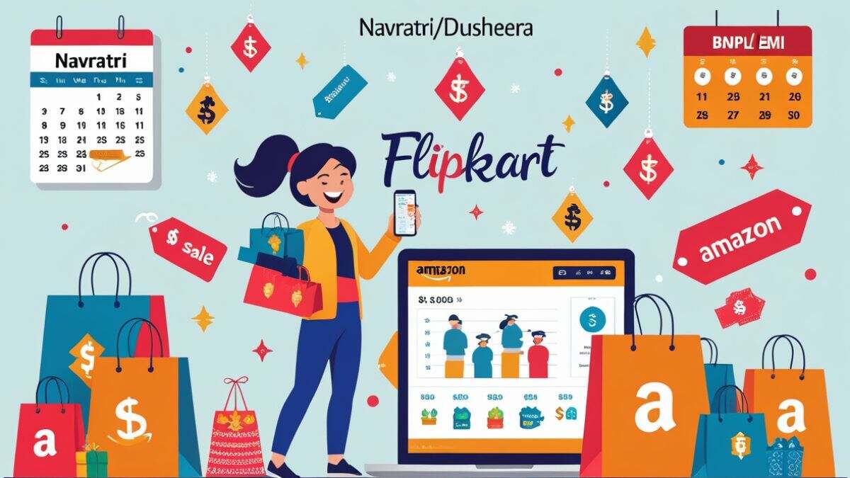 Shopper browsing holiday sales online on laptop and smartphone, with shopping bags, discount tags, cashback icons, and EMI symbols, representing smart and disciplined festive shopping