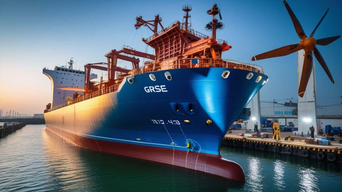 GRSE 120-meter hybrid multipurpose ship at Kolkata shipyard with deck cargo, showcasing battery-assisted hybrid propulsion and enhanced fuel economy