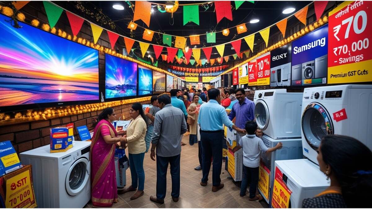 Customers shopping in a festive electronics store decorated with lights, exploring large-screen TVs, dishwashers, refrigerators, and washing machines with big discount offers after GST cuts in India