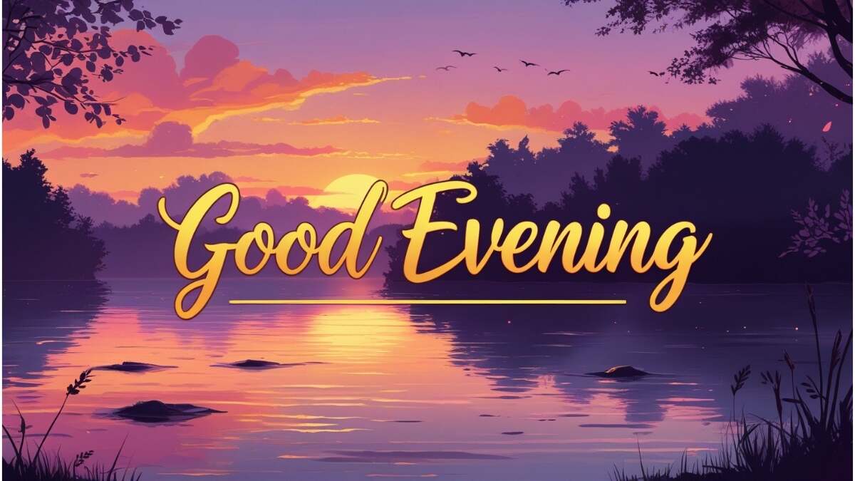 Good Evening greeting with sunset over calm lake, birds flying, warm colors and handwritten text