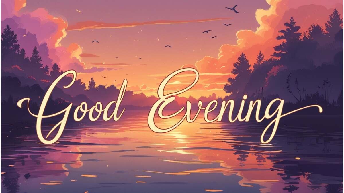 Good Evening greeting with sunset over calm lake, birds flying, warm colors and handwritten text