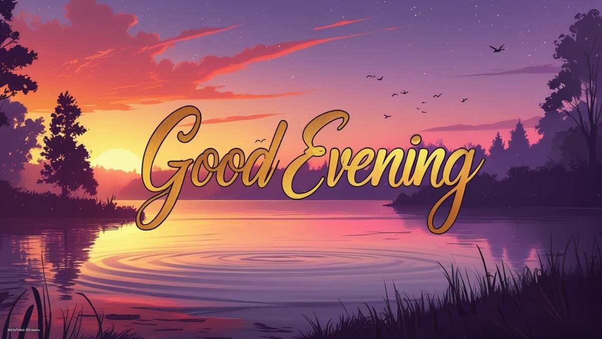 Good Evening greeting with sunset over calm lake, birds flying, warm colors and handwritten text
