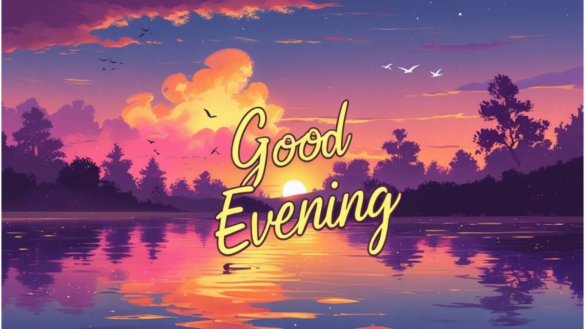 Good Evening greeting with sunset over calm lake, birds flying, warm colors and handwritten text