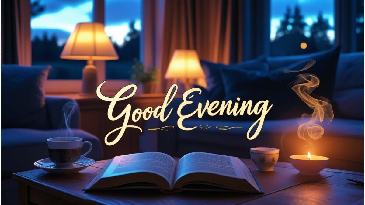 Cozy Good Evening scene in warmly lit living room with glowing lamps, steaming cup of tea, open book, and dusky sky outside window, elegant golden 'Good Evening' text overlay