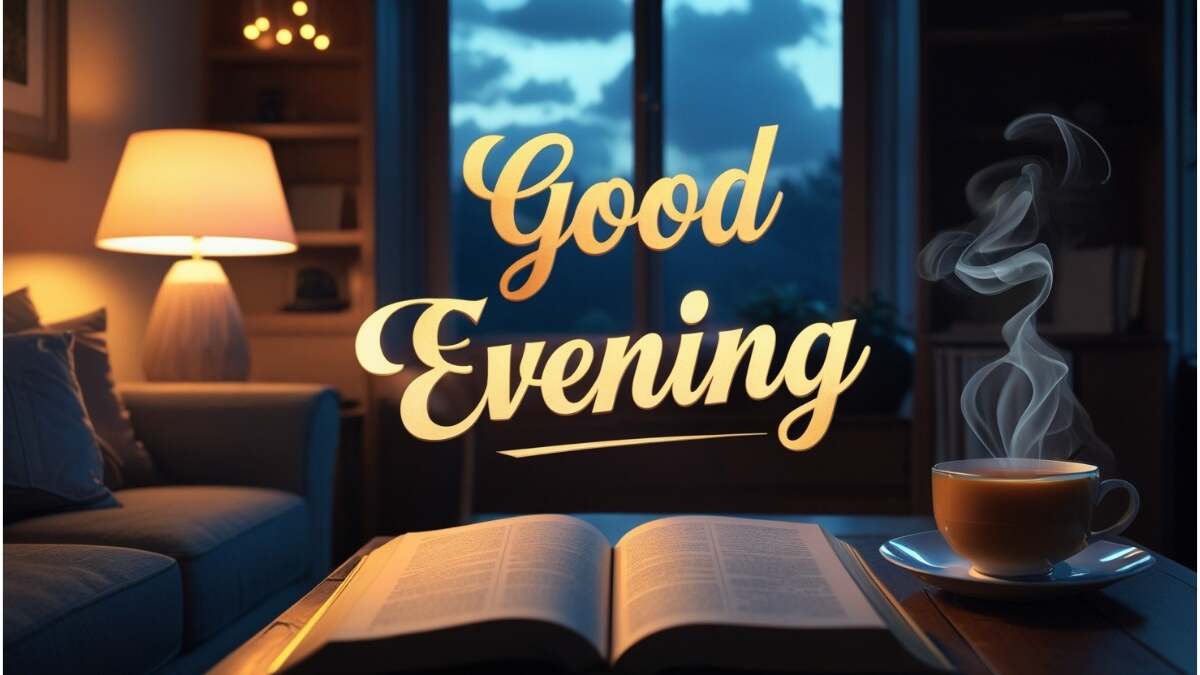 Cozy Good Evening scene in warmly lit living room with glowing lamps, steaming cup of tea, open book, and dusky sky outside window, elegant golden 'Good Evening' text overlay