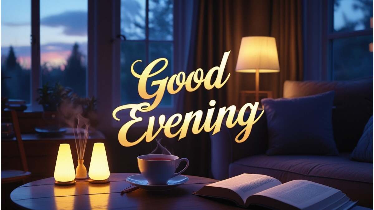 Cozy Good Evening scene in warmly lit living room with glowing lamps, steaming cup of tea, open book, and dusky sky outside window, elegant golden 'Good Evening' text overlay