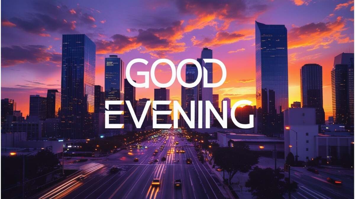 Vibrant cityscape at sunset with skyscrapers reflecting orange and purple sky, street lights turning on, traffic flowing, and modern sleek Good Evening text overlaid on the sky.