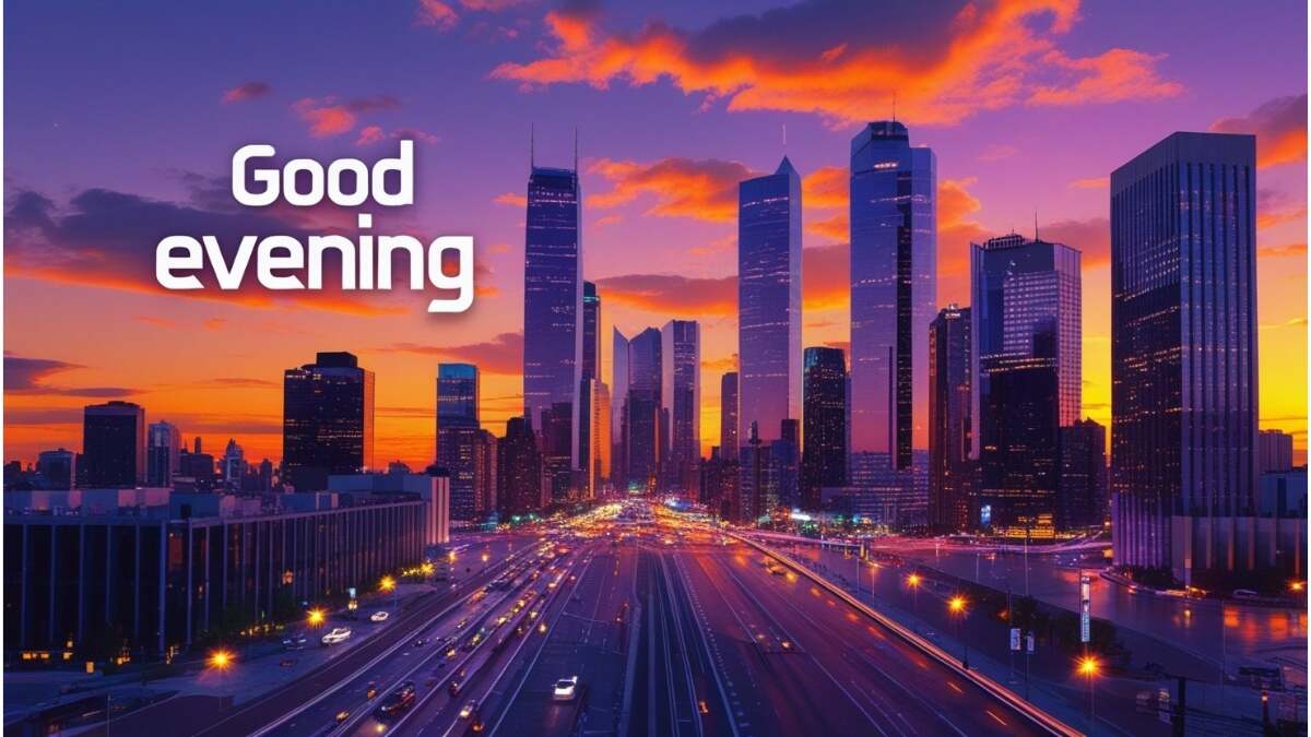 Vibrant cityscape at sunset with skyscrapers reflecting orange and purple sky, street lights turning on, traffic flowing, and modern sleek Good Evening text overlaid on the sky.