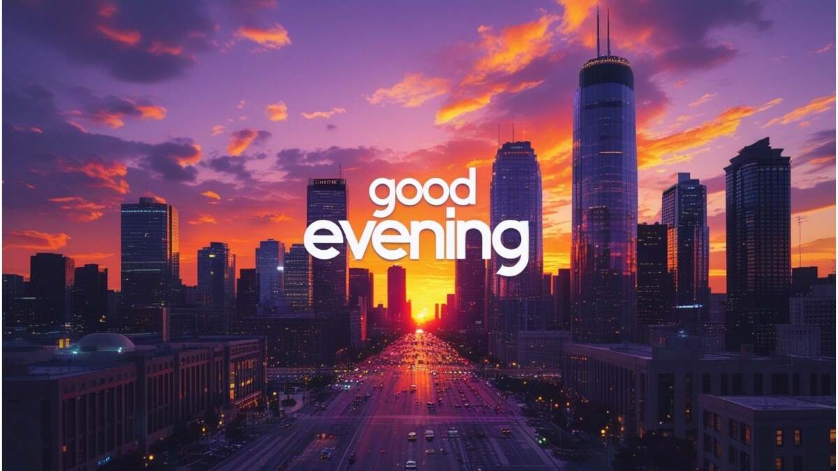 Vibrant cityscape at sunset with skyscrapers reflecting orange and purple sky, street lights turning on, traffic flowing, and modern sleek Good Evening text overlaid on the sky.