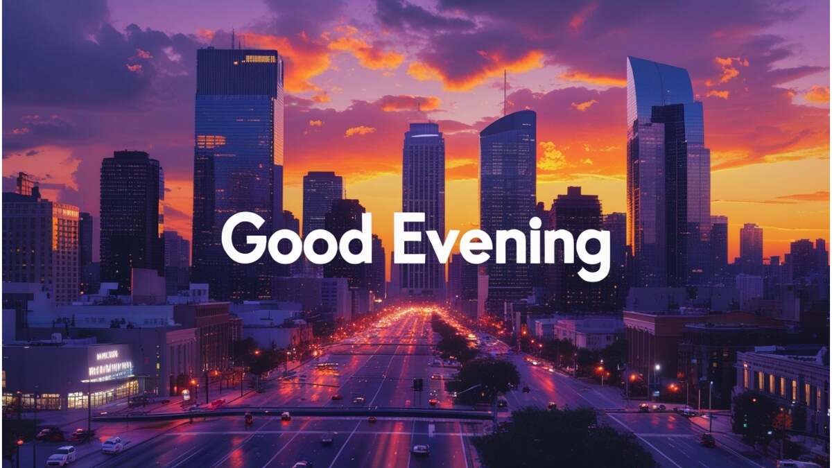Vibrant cityscape at sunset with skyscrapers reflecting orange and purple sky, street lights turning on, traffic flowing, and modern sleek Good Evening text overlaid on the sky.