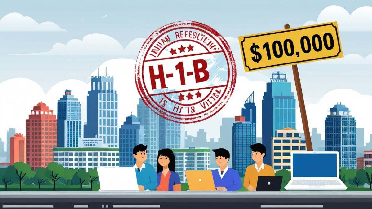 Indian city skyline showing residential and commercial buildings with US H-1B visa overlay and $100,000 sign, illustrating rising visa costs impacting housing demand