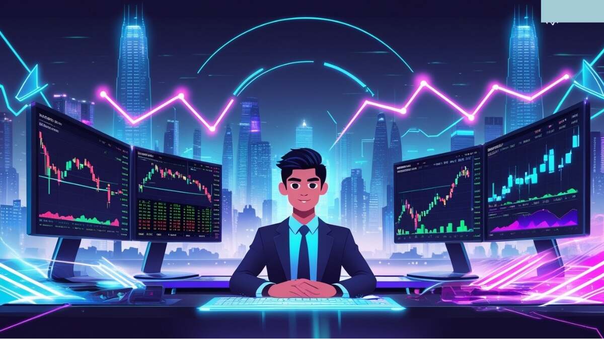 Digital illustration of a young professional at a high-frequency trading desk in India, surrounded by multiple monitors displaying real-time stock and derivatives charts, glowing data streams, and holographic symbols of the Indian rupee. The background shows a futuristic city skyline with subtle references to tech hubs and IIT campuses, highlighting speed, technology, and competition in trading.