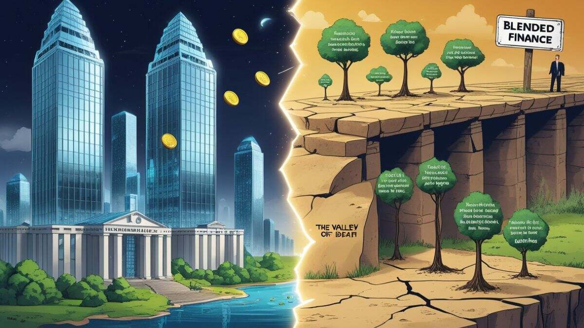 Illustration of family offices holding vast capital in skyscrapers while a $195 billion funding gap bridge leads to underfunded social projects, symbolizing the missing link in India’s impact investing