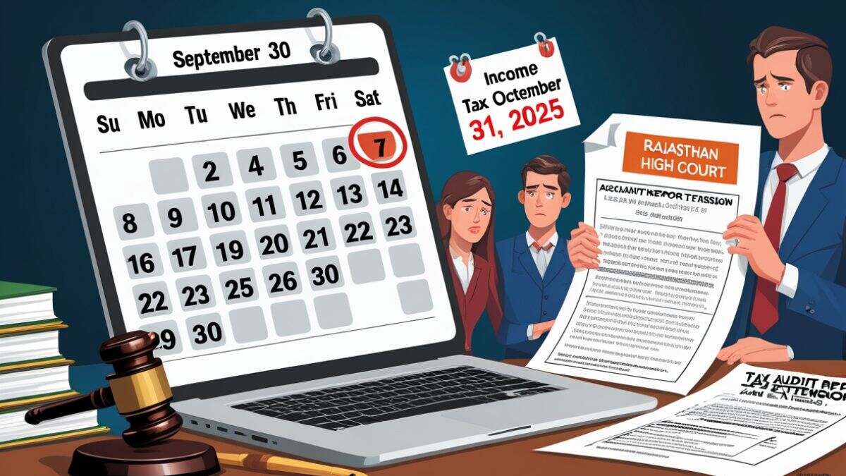 Calendar with highlighted income tax deadlines, petition to Rajasthan High Court for extension of Tax Audit Report submission due to portal issues and festive season delays.