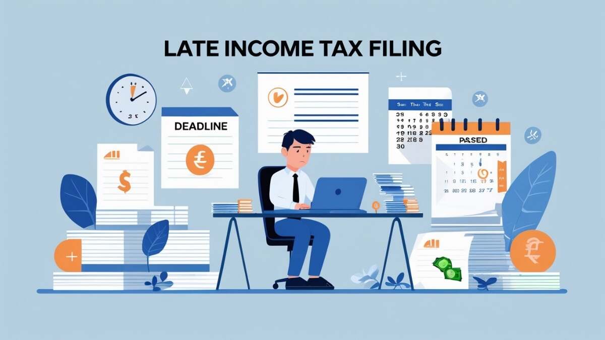 Worried taxpayer filing a late income tax return on a laptop, surrounded by documents, calendar, and icons for deductions, fines, and refunds