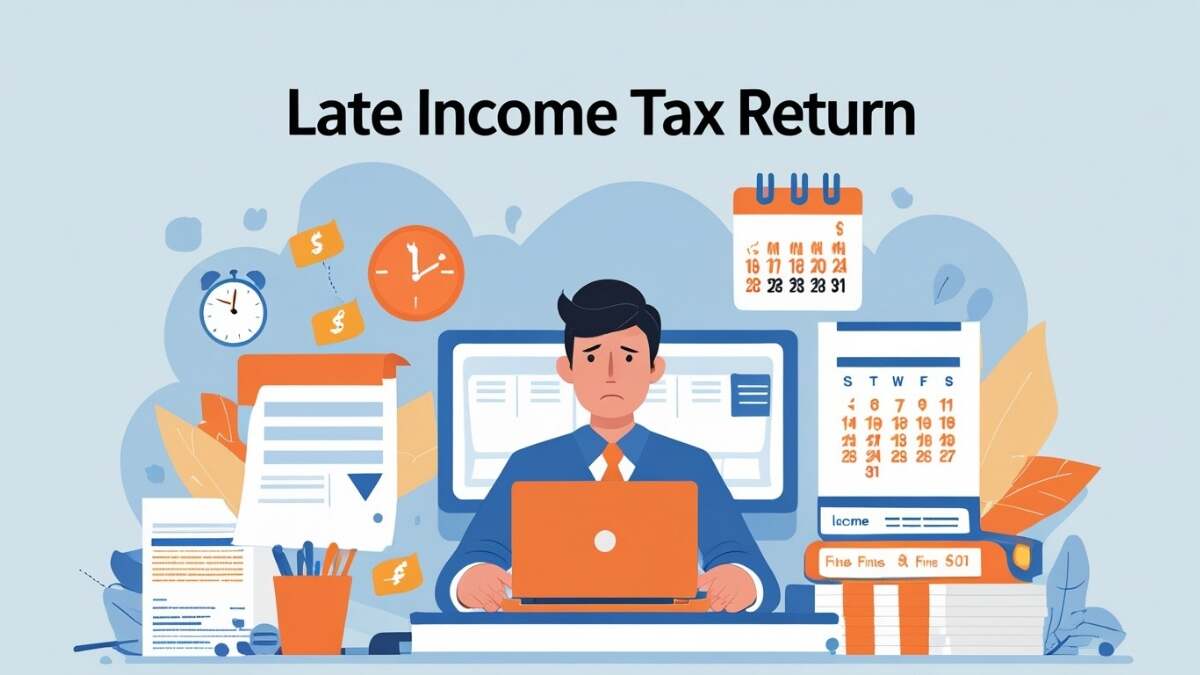 Worried taxpayer at a desk with laptop and documents, calendar showing missed ITR deadline, icons for income, deductions, fines, and refunds, highlighting urgency and compliance in a modern flat design with soft blue, white, and light orange colors