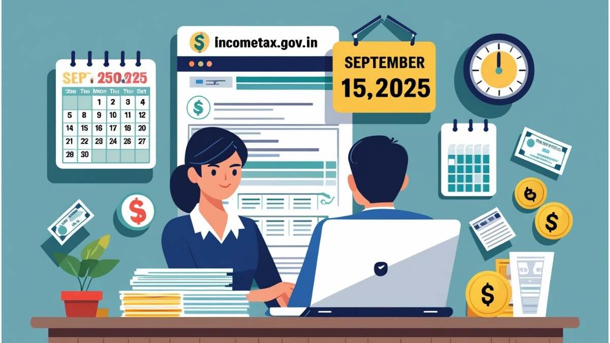 Online Income Tax filing before September 15, 2025 deadline with tax forms, money, and penalty reminder