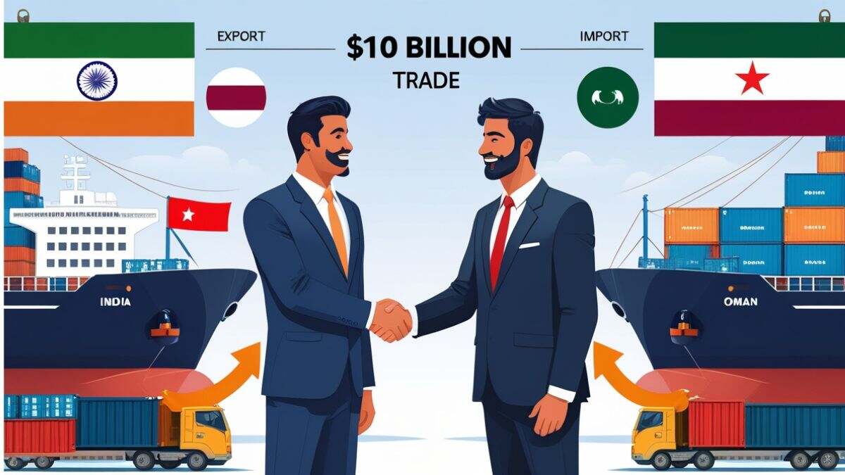India-Oman trade agreement illustration showing businessmen shaking hands, cargo ships, and export-import icons representing petroleum, engineering goods, and textiles