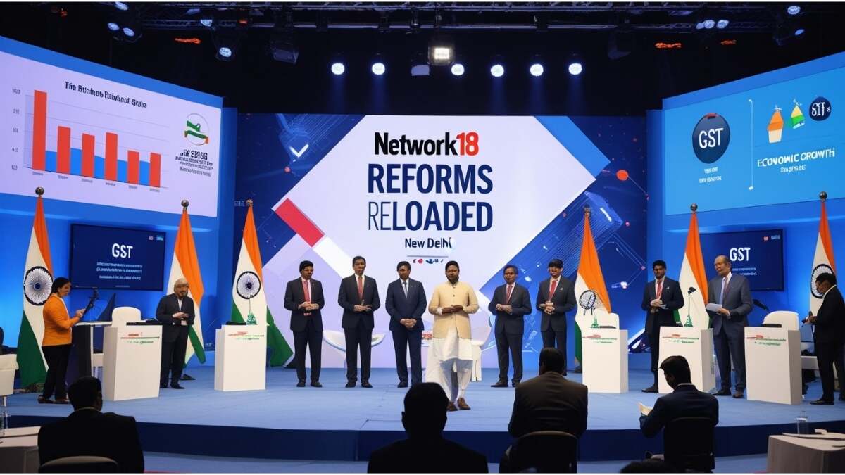 Leaders, policymakers, CEOs, and international delegates at the Network18 Reforms Reloaded conference in New Delhi, discussing India’s economic reforms, GST, defense, and technology innovation
