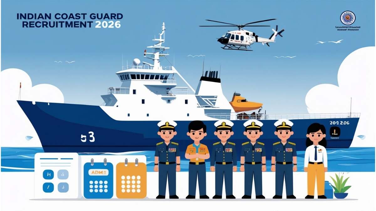 Indian Coast Guard Navik GD & Yantrik 2026 exam city details with ship, helicopter, and candidates in uniform – recruitment infographic in blue and white theme