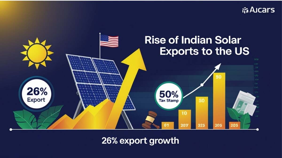 Infographic showing Indian solar exports to the US rising 26% in Q1 2025, with solar panels, US and India flags, a 50% tax icon, and symbols representing anti-dumping and countervailing duty investigations