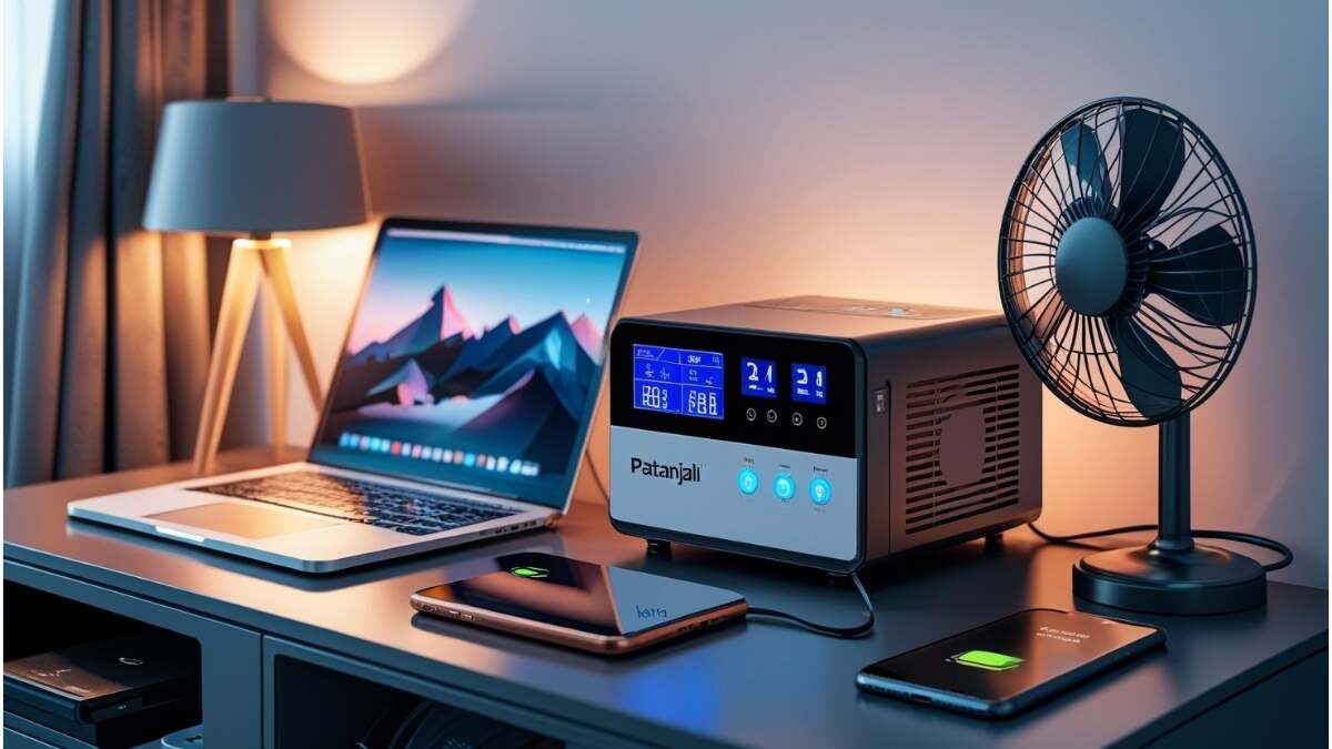 Patanjali Battery Inverter Combo in a modern home setup, showing digital display, powering laptop, phone, and fan during a power outage