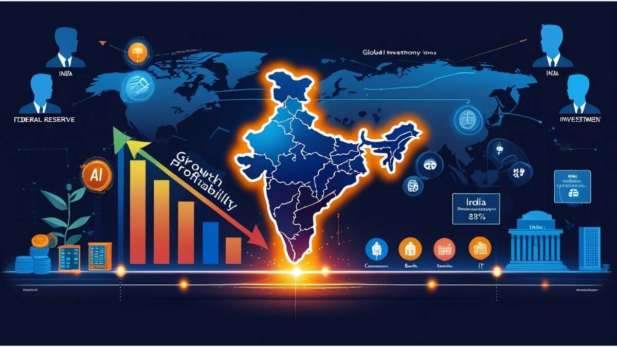 Illustration of India highlighted on a world map with arrows symbolizing foreign investment inflows, icons for banks, infrastructure, and consumers, and financial graphs showing rising growth and profitability