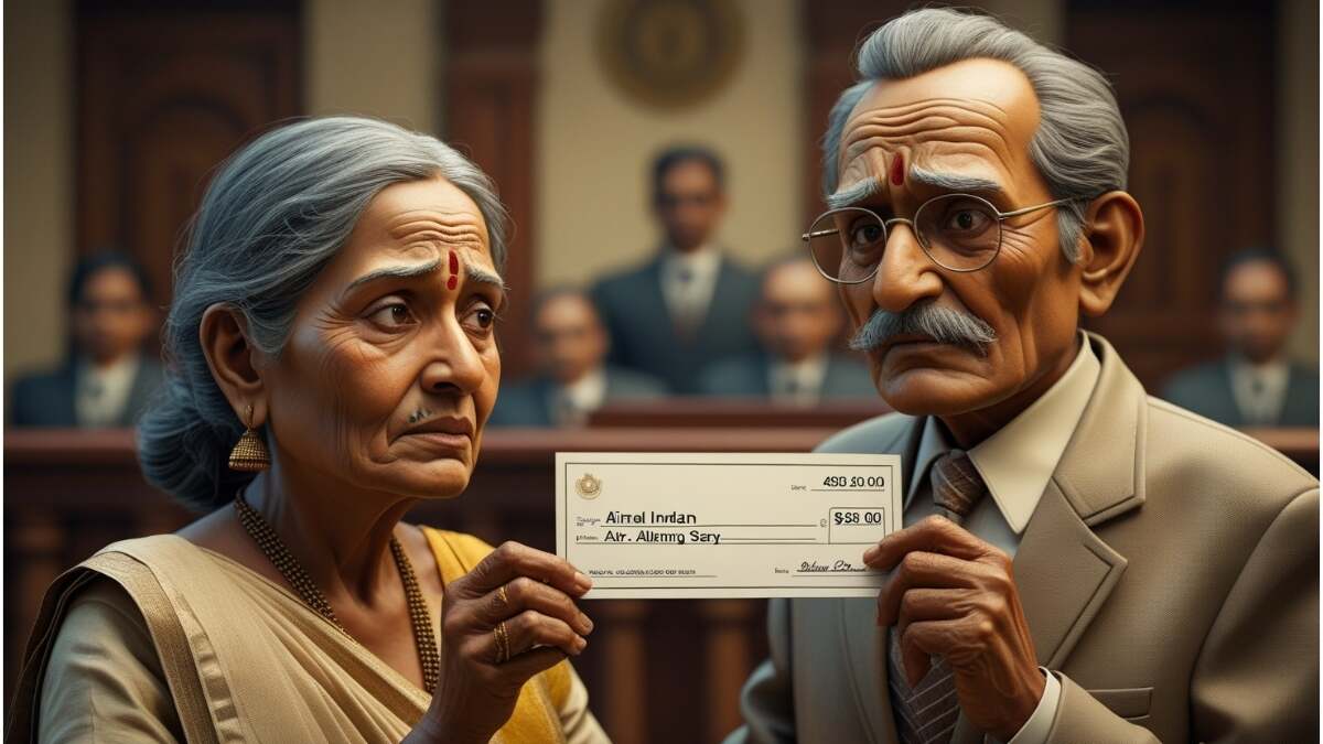 Elderly Indian couple discussing financial support with legal documents in background