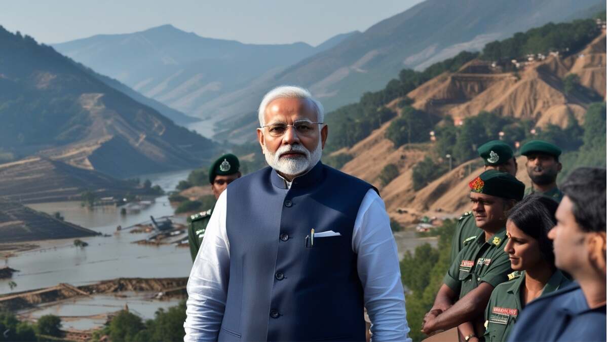 Prime Minister Narendra Modi interacting with disaster-affected families and volunteers at Jolly Grant Airport in Uttarakhand.