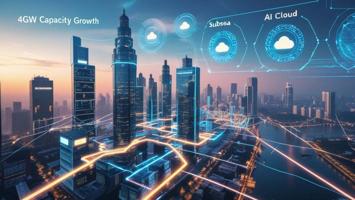Aerial view of Mumbai skyline with futuristic digital network overlays representing data centers, cloud adoption, and AI growth, highlighting the city as India’s data center capital in 2025