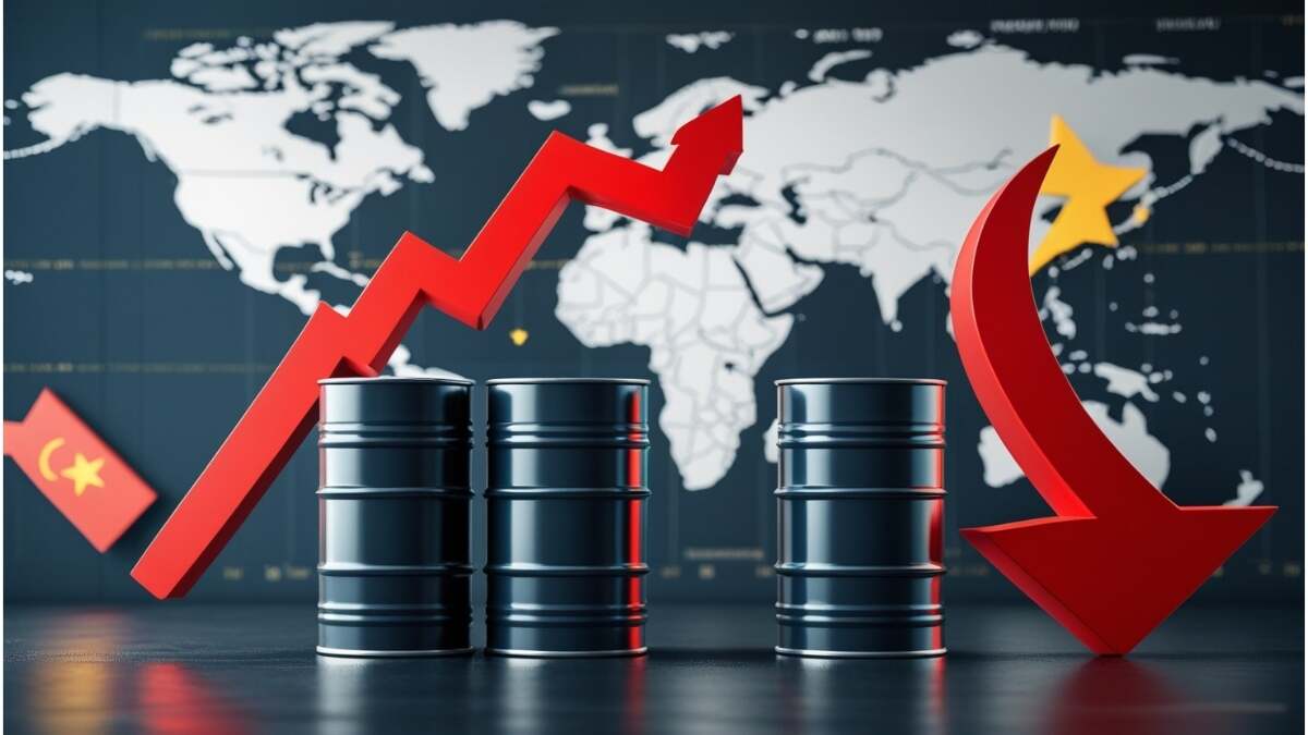 Oil barrels with a red downward arrow showing falling oil prices amid oversupply and weak demand, with global trade impact symbols in the background