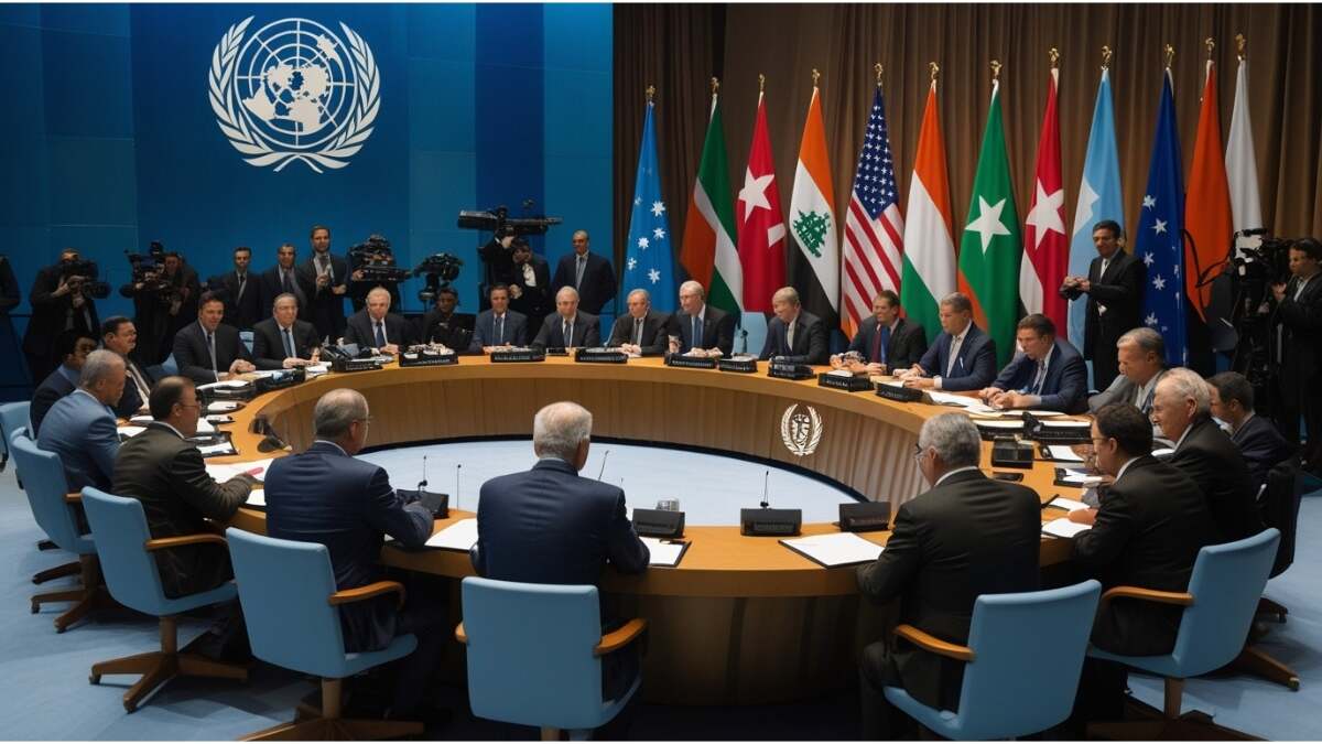 World leaders and diplomats at a high-level UN conference in New York discussing Palestinian statehood, with flags of Portugal, France, UK, Canada, Australia, and other nations in the background