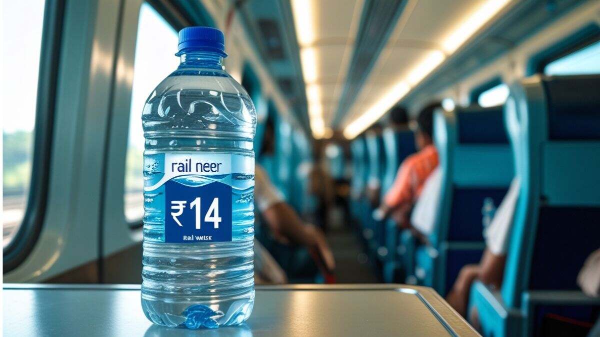 Rail Neer 1-liter bottled water on a train table showing new price ₹14 after GST reduction, with blurred train interior in background