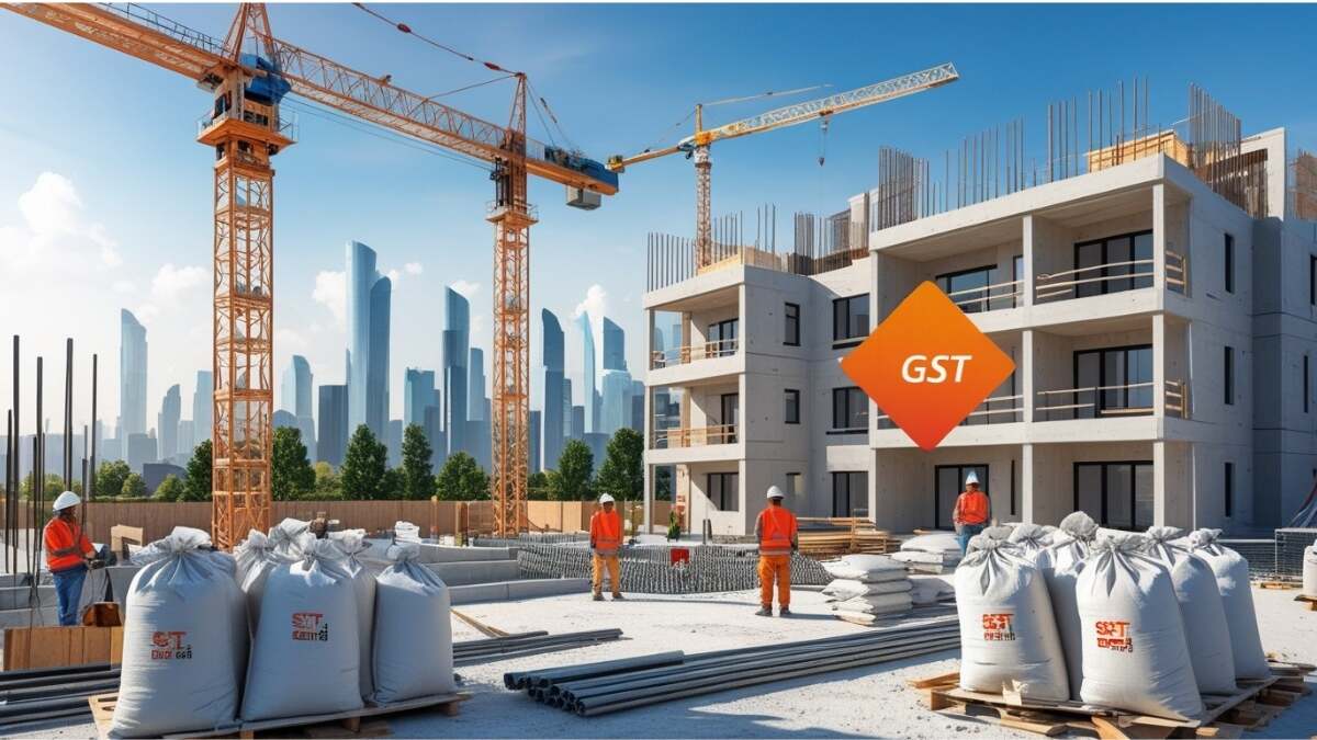 Construction site with workers, cement bags, and steel rods, illustrating changes in GST on building materials affecting housing costs.