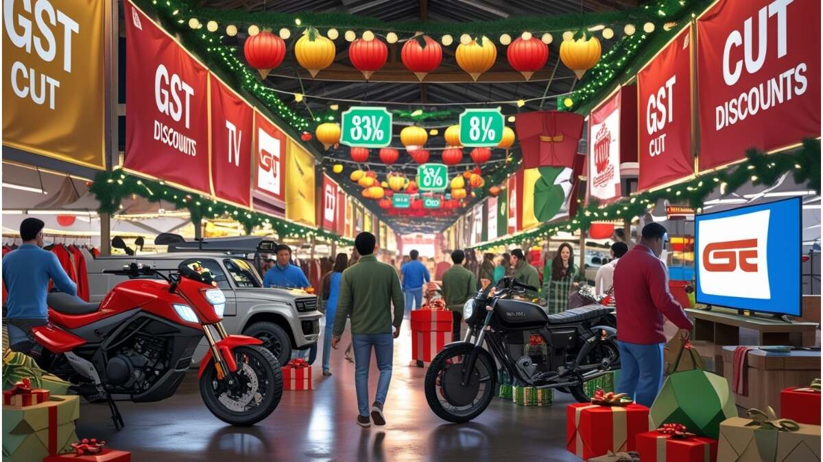 Shoppers exploring cars, motorcycles, electronics, and clothing during a holiday sale with GST discounts.
