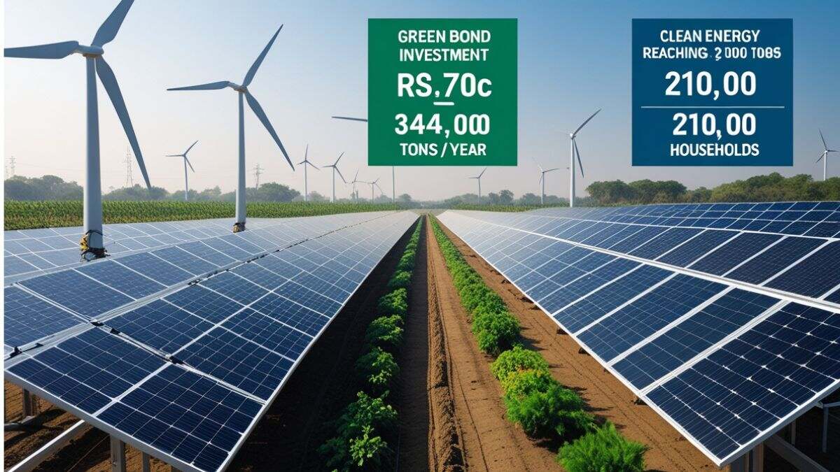 Solar panels and wind turbines in India representing KPI Green Energy’s Rs 670 crore green bond investment, highlighting carbon emission savings and clean energy for households.