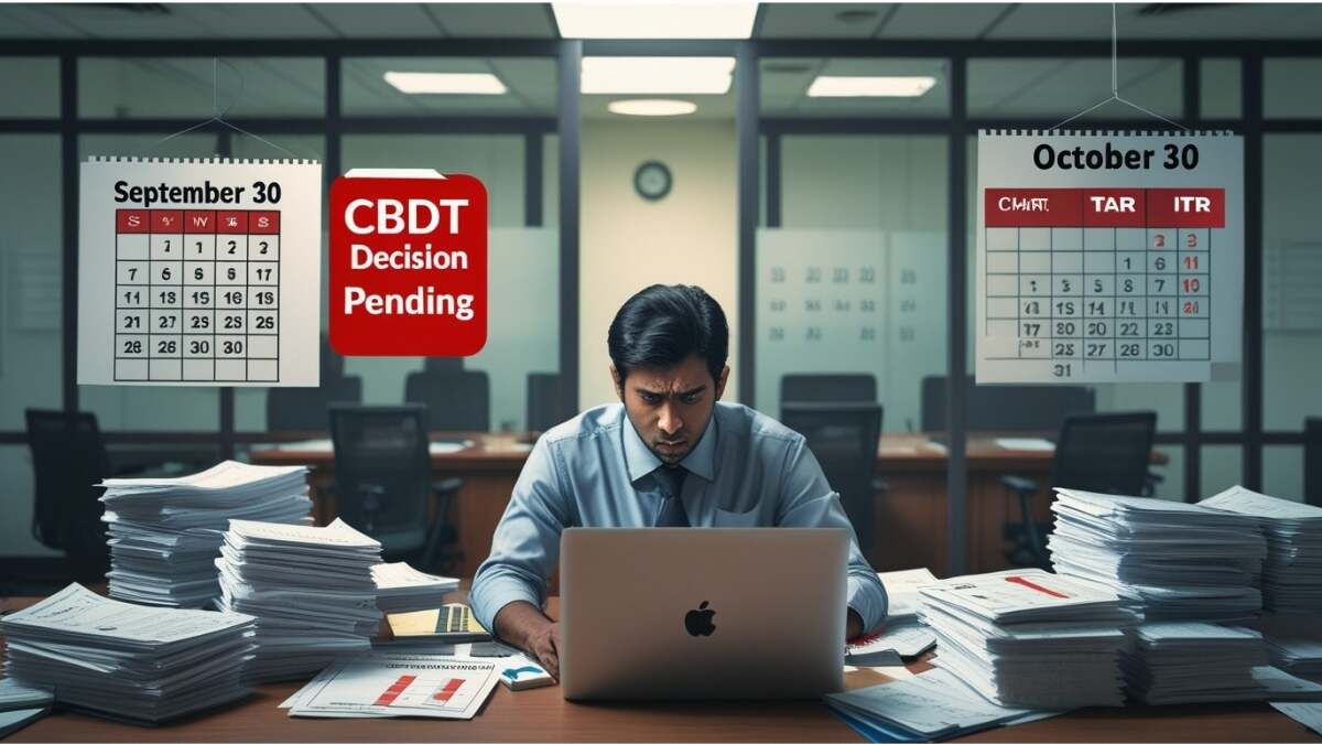 Chartered accountant working on tax audit reports with a calendar showing September 30 and October 30 deadlines, while awaiting Delhi High Court and CBDT decisions