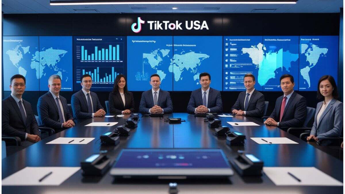 American executives in a TikTok USA boardroom overseeing cybersecurity and algorithm management, with digital screens displaying data charts.