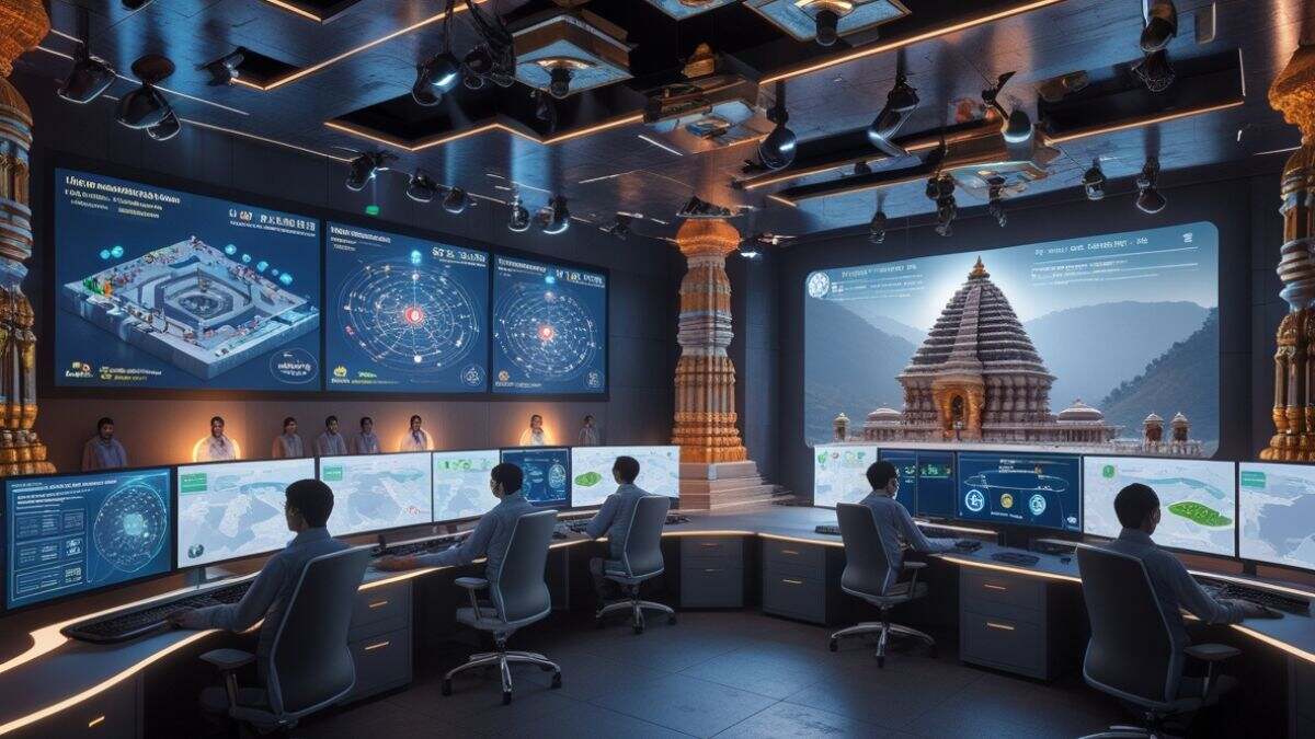AI-enabled Integrated Command and Control Centre at Tirumala, India, showing technical staff monitoring live 3D maps, crowd density, and security feeds with advanced cameras and digital dashboards, blending high-tech infrastructure with the temple environment