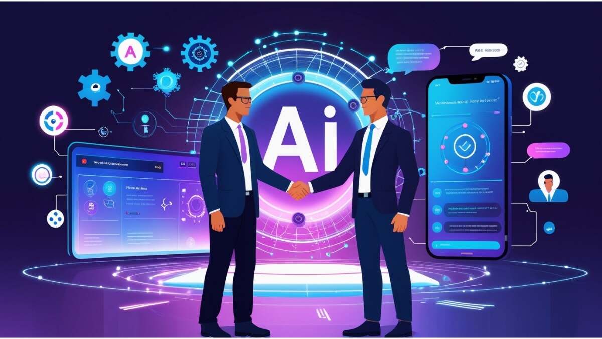 Digital illustration showing Vodafone Idea and TCS partnership with AI-powered systems, automation icons, and futuristic customer experience interfaces.