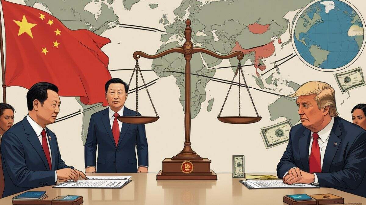 Chinese Premier Li Qiang at a WTO podium announcing China will no longer claim special developing-country advantages, with U.S. and WTO symbols in the background, symbolizing ongoing trade tensions with Washington.